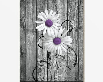 Purple Gray Rustic Daisy Flowers Bathroom Bedroom Wall Art Home Decor Matted Artwork Pictures (Options)