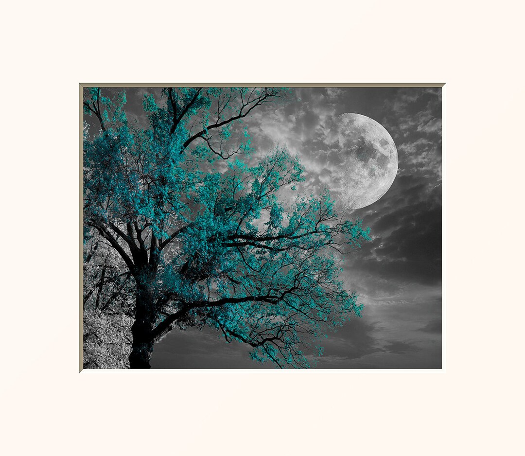 Black White Blue Wall Art, Teal Decor, Tree Moon, Bedroom, Living Room