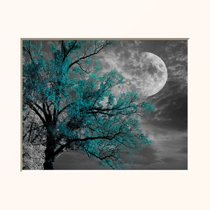 Black White Blue Wall Art, Teal Decor, Tree Moon, Bedroom, Living Room Teal Gray Home Decor Matted Picture