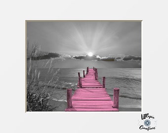 Black White Pink Beach Pier, Coastal Ocean Pink Bedroom Bathroom Matted Wall Art Picture