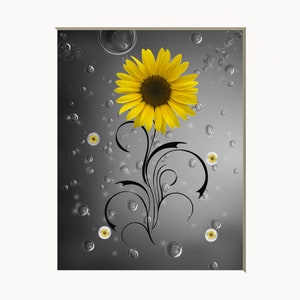Sunflower Matted Print: Yellow & Gray Bathroom Wall Art