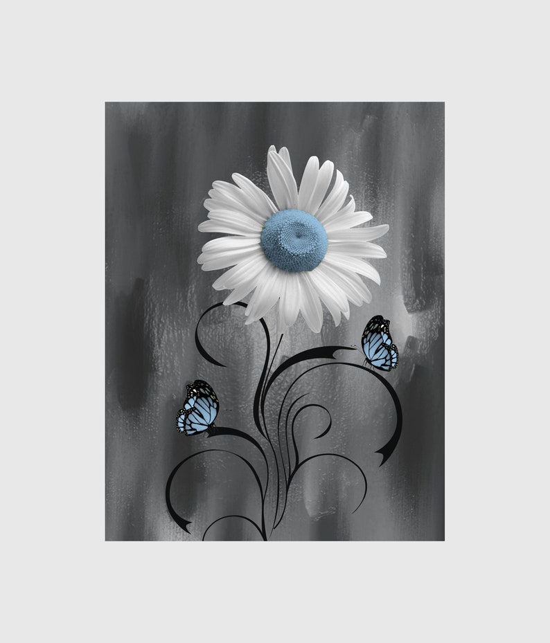 Blue Gray Floral Wall Art Home Decor Bedroom Bathroom Home | Etsy