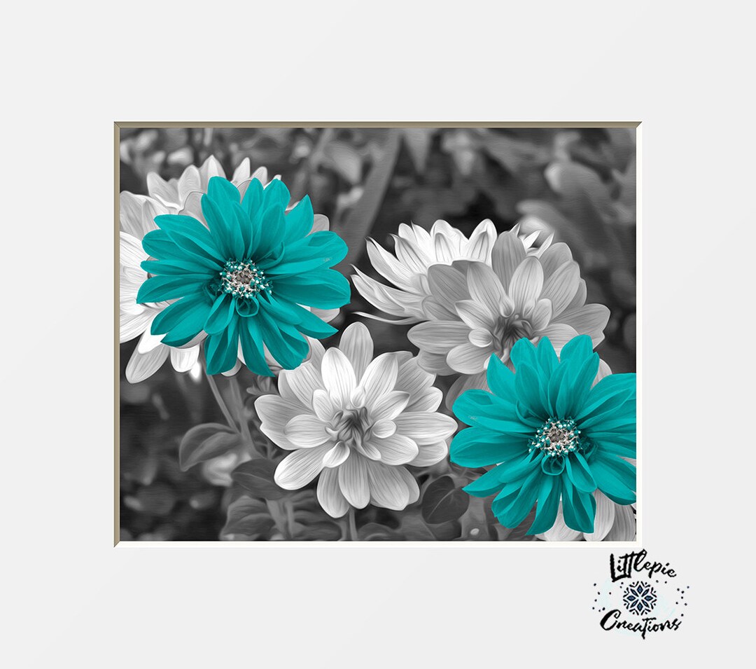 Black White Teal Wall Decor, Teal Flower Decor, Teal Gray Home Decor