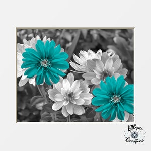 Black White Teal Wall Decor, Teal Flower Decor, Teal Gray Home Decor Wall Art Picture Teal Dahlia flowers