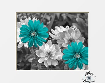 Black White Teal Wall Decor, Teal Flower Decor, Teal Gray Home Decor Wall Art Picture