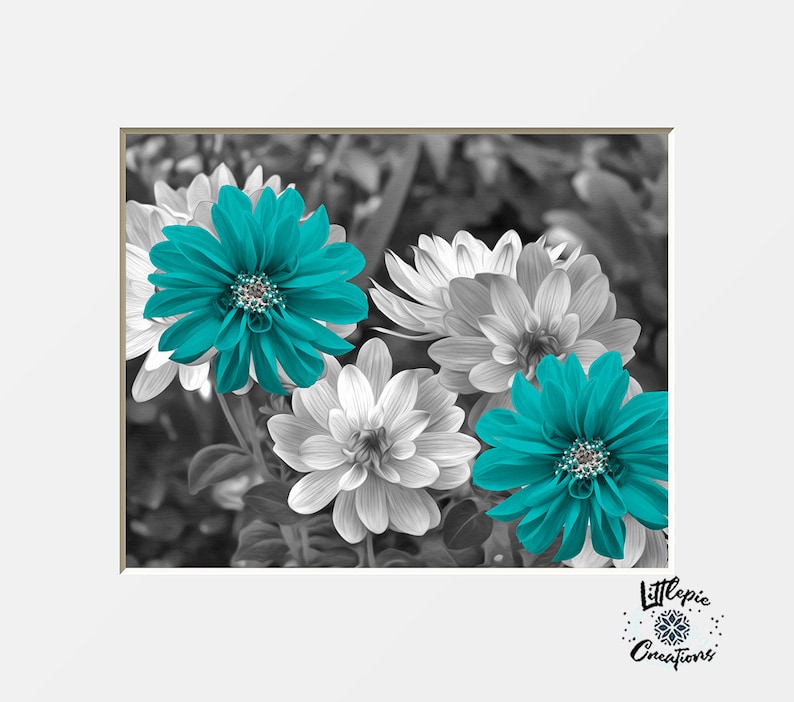 Black White Teal Wall Decor, Teal Flower Decor, Teal Gray Home Decor Wall Art Picture Teal Dahlia flowers