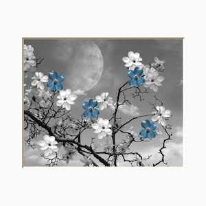 Blue Floral Art Print: Matted Wall Decor
