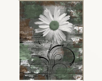 Brown Green Daisy Flower Rustic Modern Photography Home Decor Bedroom Bathroom Living Room Wall Art Matted Picture