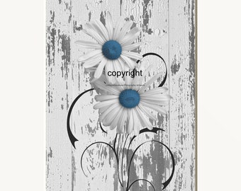 Blue Gray Daisy Flowers Modern Rustic Photography Bedroom Bathroom Home Decor Matted Wall Art Picture