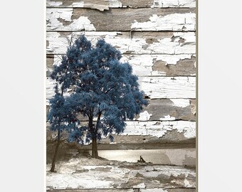 Rustic Modern Brown Blue Tree Lake Photography Home Decor Matted Wall Art Picture