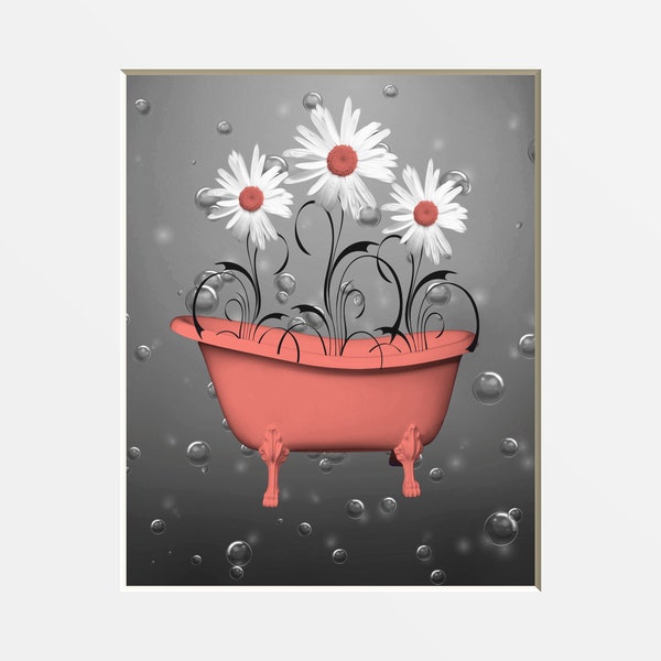 Coral Gray Bathroom Decor, Daisy Flowers, Bubbles, Modern Coral Powder Room Bath Wall Art Picture (Options)