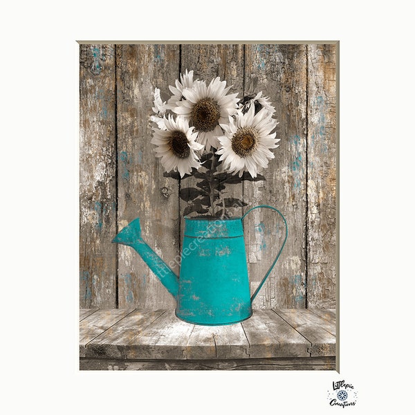 Rustic Modern Farmhouse, Sunflowers, Teal Brown Wall Art, Teal Kitchen, Bedroom, Bathroom Matted Wall Decor Picture