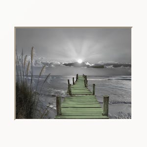 Sage Green Beach Pier Art: Matted Ocean View Artwork