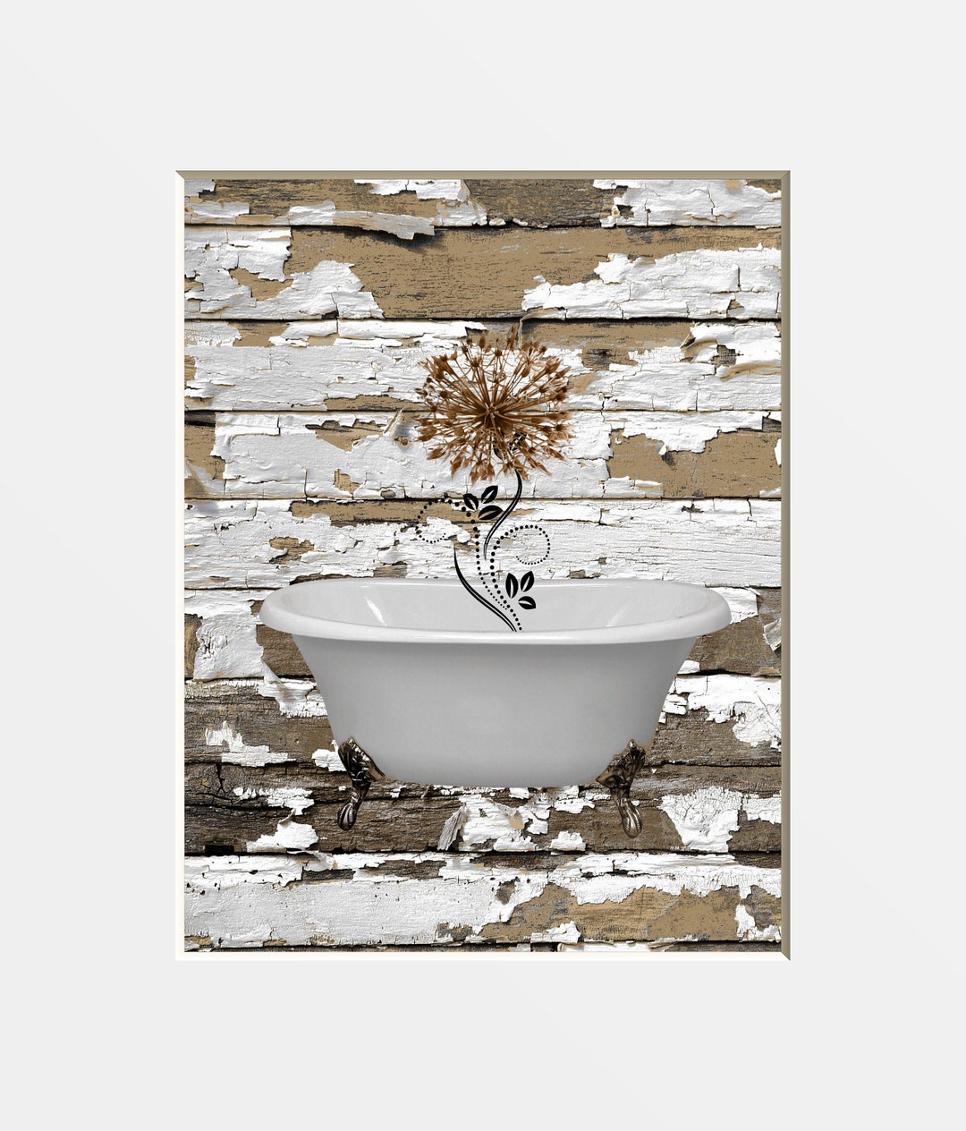 Brown Beige Bathroom Wall Art, Rustic Dandelion in Tub Wall Art Matted ...
