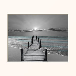 Black White Teal Home Decor, Beach Pier, Bedroom, Bathroom, Living Room Coastal Sunset Home Decor Wall Art Matted Picture