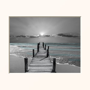 Black and White Beach Pier Photo: Coastal Sunset Matted Wall Art