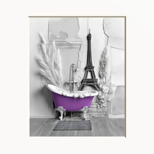 Paris Bathroom Art Print: Purple Tub, Modern Matted Wall Decor