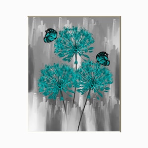 Black White Teal Wall Decor, Teal Flower Decor, Teal Gray Home Decor Wall Art Picture Flowers Butterflies