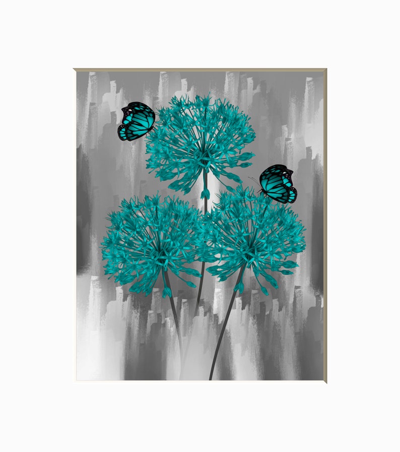 Black White Teal Wall Decor, Teal Flower Decor, Teal Gray Home Decor Wall Art Picture Flowers Butterflies