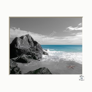 Blue Gray Ocean Beach Bathroom Bedroom Pop of Blue Home Decor Matted Wall Art Picture