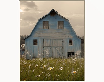 Rustic Home Decor, Barn Wall Art, Barn Print, Blue Brown Farmhouse Matted Wall Art Picture