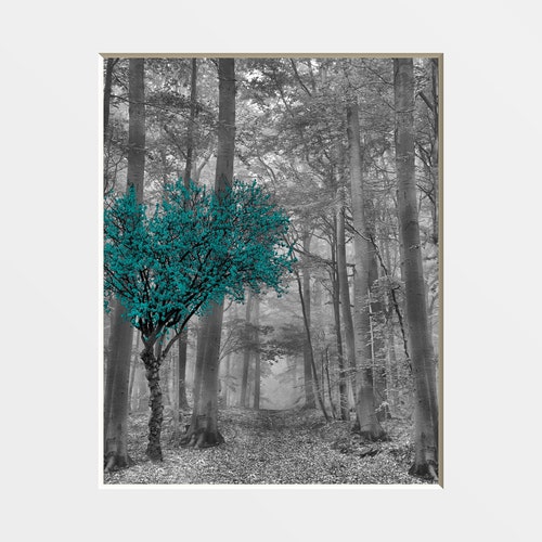 Black White Blue Wall Art Teal Decor Tree Moon Bedroom Etsy