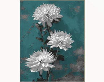 Teal Wall Art, Teal Wall Prints, Rustic Teal White Flowers, Matted Wall Art Picture