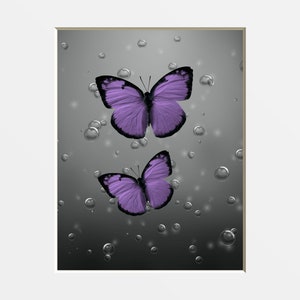 Butterfly Bubbles Wall Decor, Purple Gray Modern Bathroom Bedroom Matted Wall Art Picture