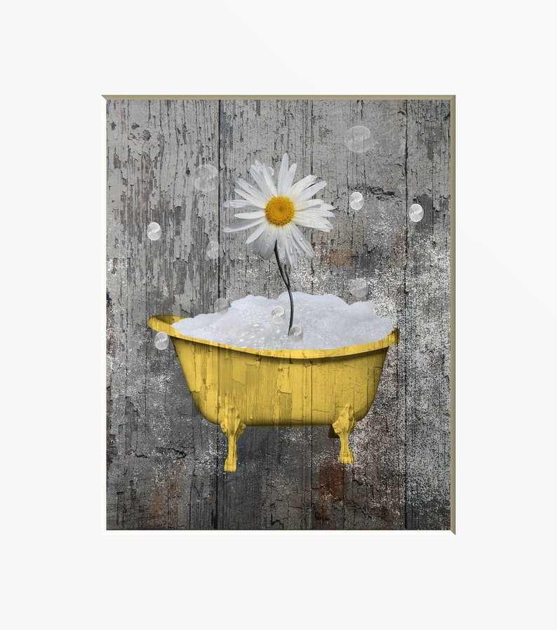 Yellow Gray Rustic Farmhouse Bathroom Wall Art Pictures Daisy | Etsy