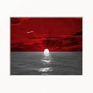 Red Sunset Seascape Art Print: Matted Coastal Wall Decor