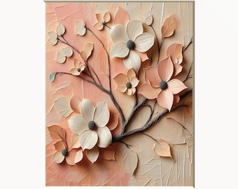Coral Peach Dogwood Flower Art Print: Matted Modern Floral Wall Decor