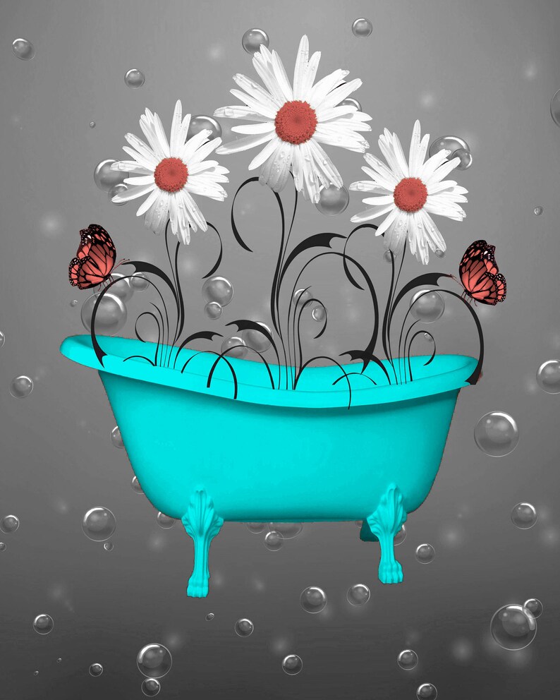 Teal Coral Bathroom Powder Room Room Wall Pictures Daisy ...