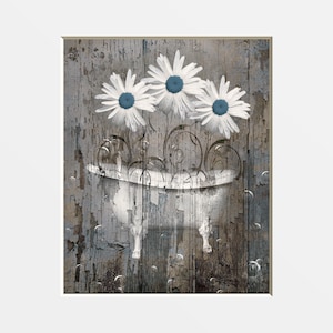 Daisy Flower Bathtub Art: Rustic Farmhouse Bathroom Matted Picture