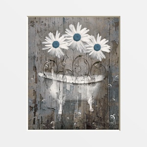 Rustic Modern Brown Blue Farmhouse Bathroom Decor, Daisy Flower, Vintage Bathtub, Country Bath Wall Art Matted Picture