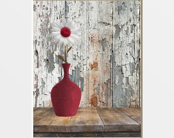 Red Wall Art, Rustic Wall Decor, Daisy Flower, Country Kitchen Print, Red Matted Wall Art (Options)