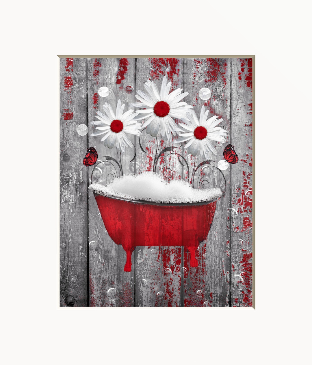 Red Bathroom Wall Art, Rustic Modern Daisy Flowers in Tub Home Decor ...