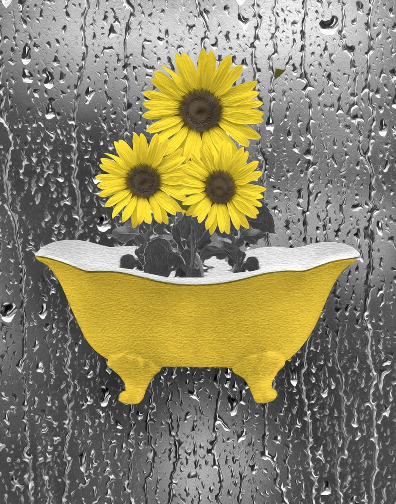 Yellow Gray Bathroom Wall Art Sunflowers Decor Modern Etsy