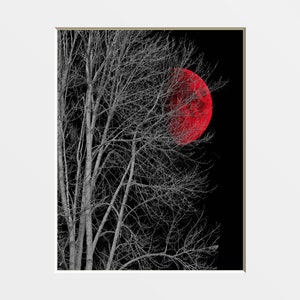 Black White Red Decor, Tree Moon Wall Art, Red Moon, Pop Of Red, Red Bed Room Wall Art Matted Picture Red Moon Tree