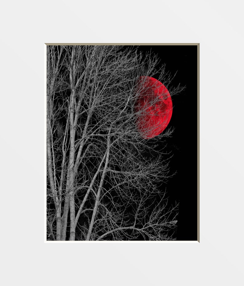 Black White Red Decor, Tree Moon Wall Art, Red Moon, Pop Of Red, Red Bed Room Wall Art Matted Picture Red Moon Tree