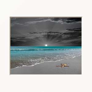 Teal Gray Coastal Ocean Beach Starfish Home Decor Bathroom Bedroom Wall Art Matted Picture