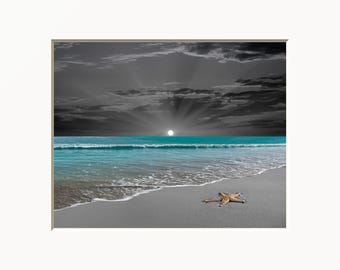 Teal Gray Coastal Ocean Beach Starfish Home Decor Bathroom Bedroom Wall Art Matted Picture