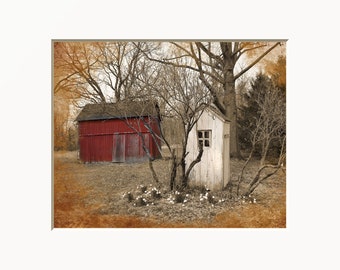 Bathroom Wall Art, Red Brown Rustic Barn Outhouse Home Decor Matted Bathroom, Bedroom and Kitchen Wall Art Picture