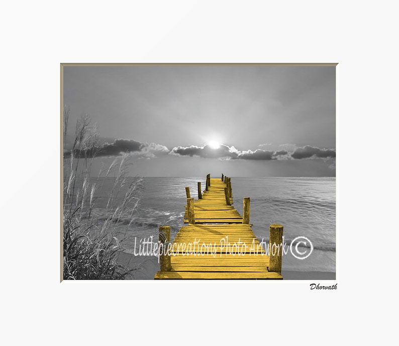 Black White Yellow Beach Pier Coastal Bedroom Bathroom Home Decor Photography Matted Wall Art Picture Options image 1