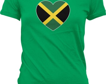 Jamaican Heart Flag Ladies T-shirt, Jamaica Heart Shaped Flag, Love Jamaica, Junior and Women's Jamaica T-shirts GH_00125