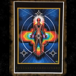 May include: A digital art print featuring a stylized human figure with a glowing aura and a cross-shaped design. The figure is surrounded by a rainbow of colors and stars. The print is titled "@illustratedalchemy".