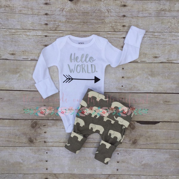 Hello world newborn coming home outfit, gender neutral, elephant outfit
