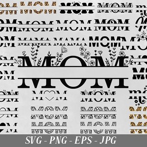 May include: A digital download of 18 different designs for the word "Mom" in various styles, including floral, leopard print, and split designs. The designs are in black and white and are suitable for use in crafting projects, such as t-shirts, mugs, and home decor.