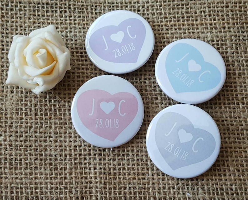 Bulk OFFER Quirky Pastel Love Heart Wedding Badges / Wedding favours image 1