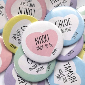 Pastel Palette // Personalised Quirky Heart Hen Party / Wedding / Team Bride Badge / wedding accessories - Different names for each badge