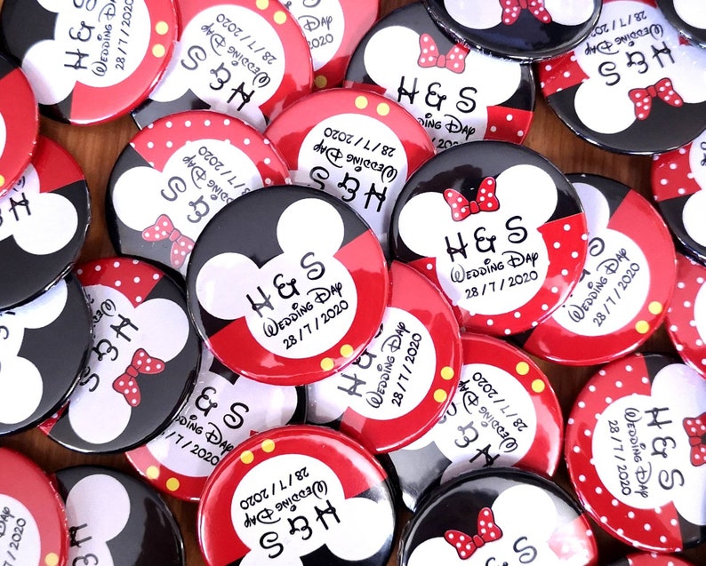 Packs of 50 Badges Bulk OFFER Quirky Team Bride and Team Groom Disney Mickey and Minnie Wedding Badges / Wedding favours image 1